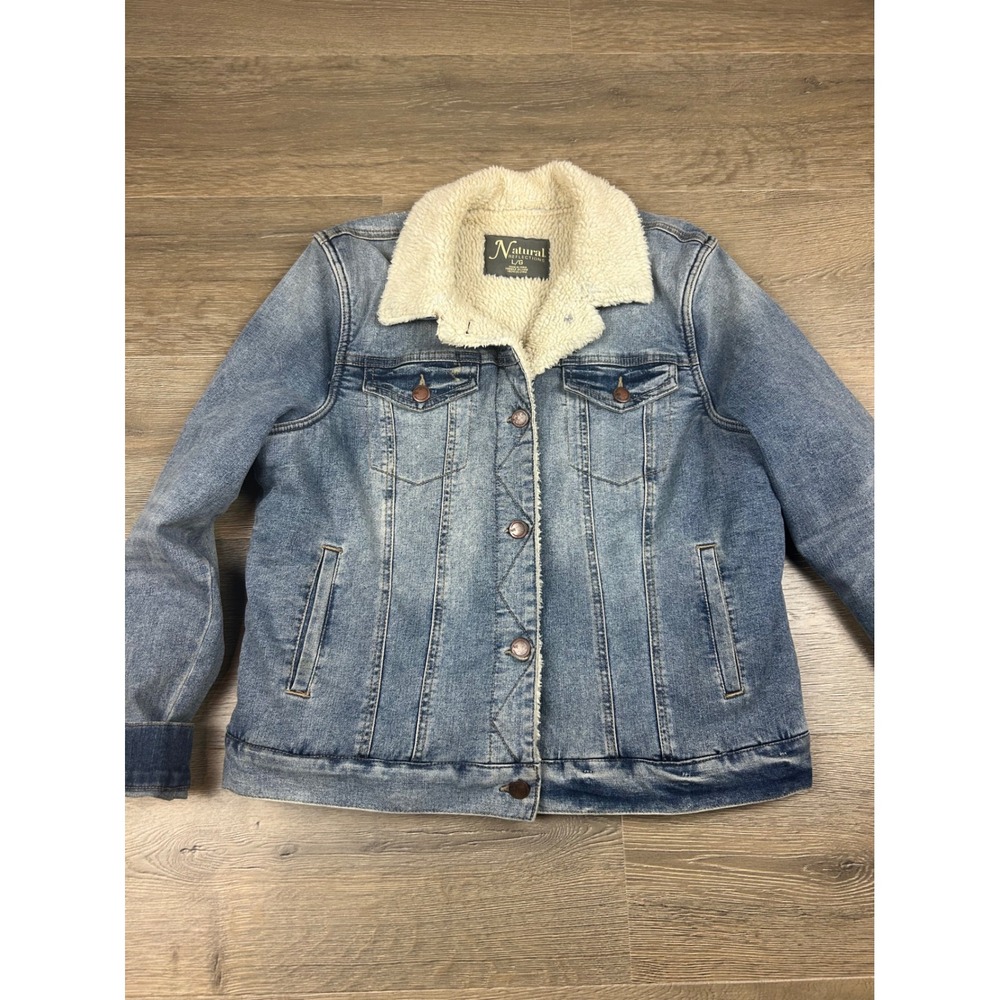 Natural Reflections Women Blue Denim Faux Shearling Lined Trucker Jacket Large